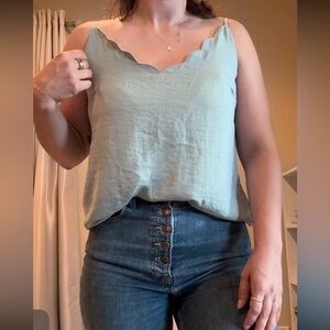 Business casual blouse, soft teal, scalloped neckline with adjustable straps